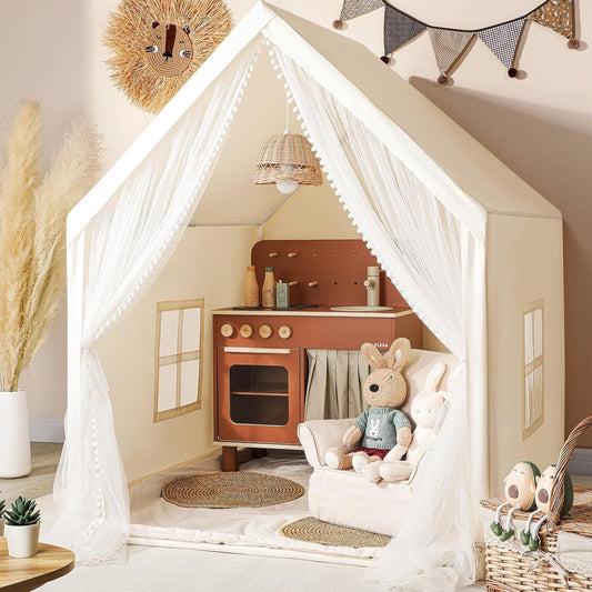 Kids Tent Beige Play Tent with Long Mesh Curtain